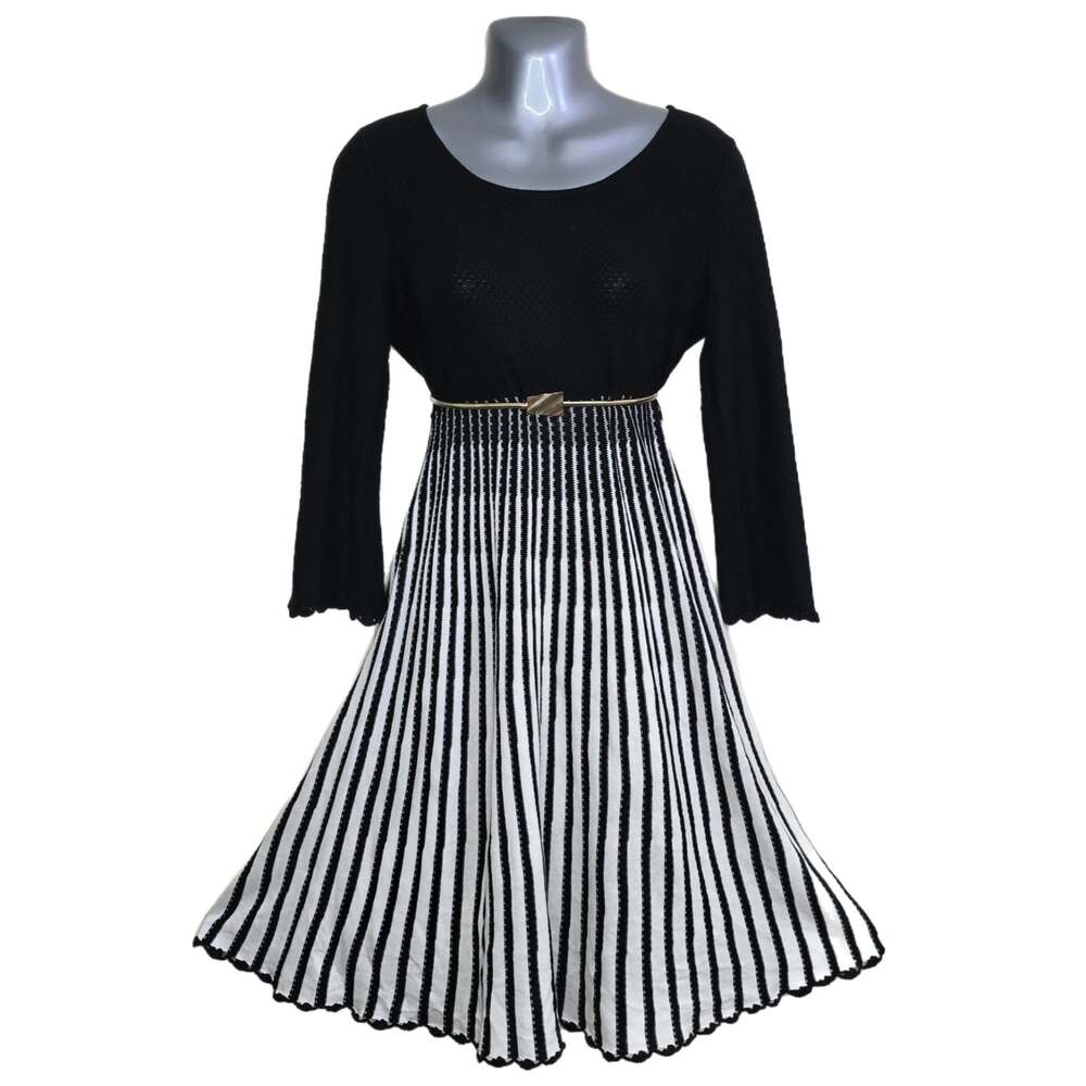 Calvin Klein Women's Black and White Striped Long Sleeve Sweater Dress M